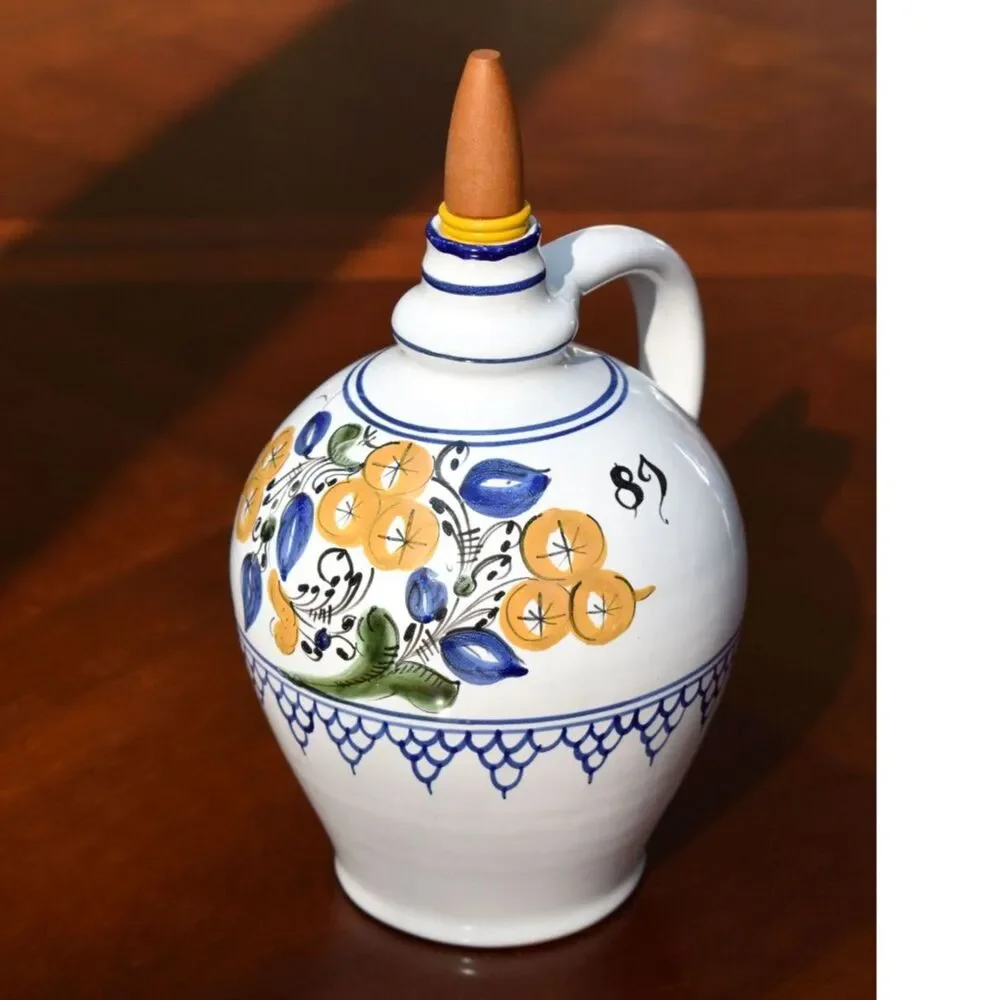 Handled Pottery Vase with Wooden Cork, Signed, Likely Italian Origin